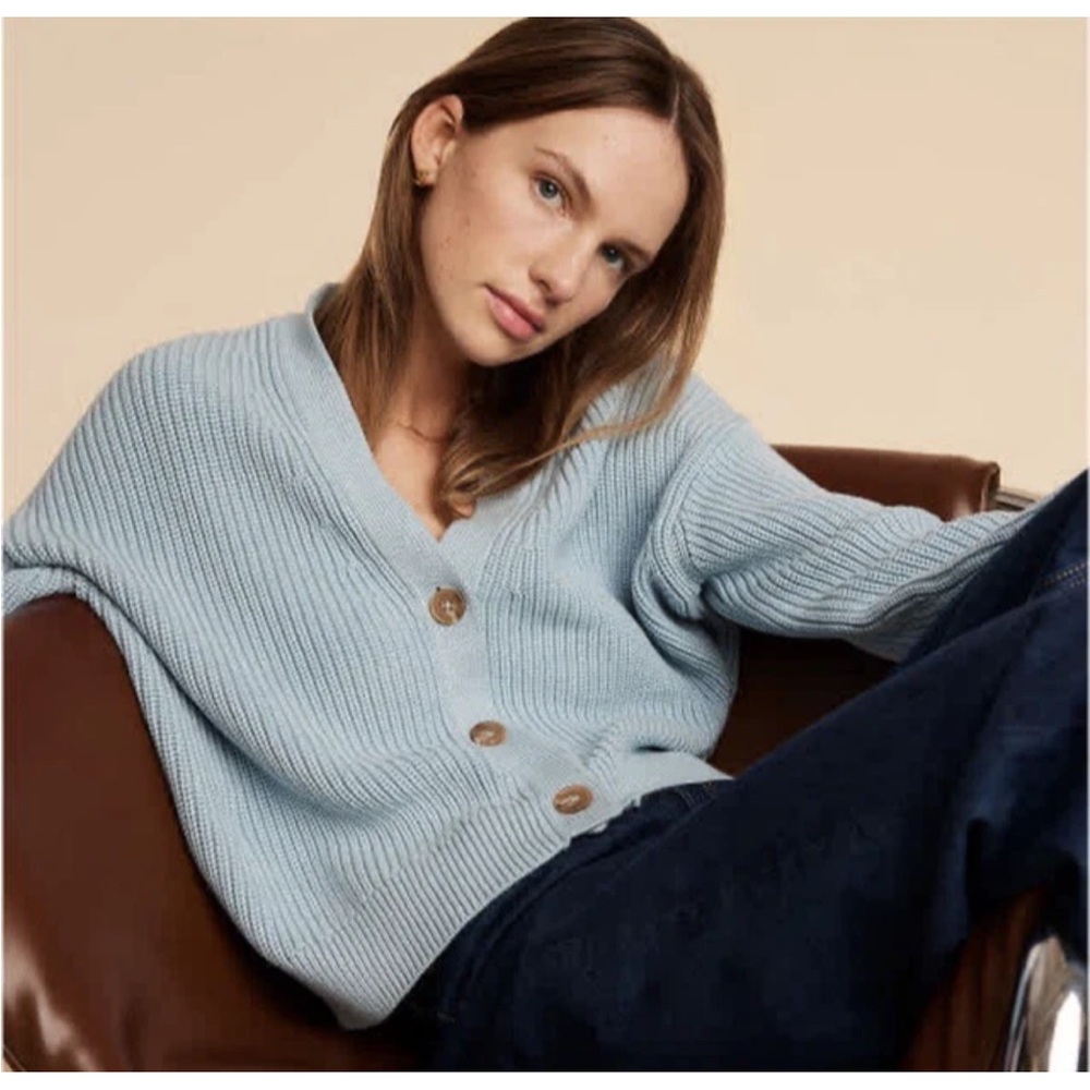 Quince Organic Cotton Oversized Fisherman Cardigan Sweater M Powder Light Blue